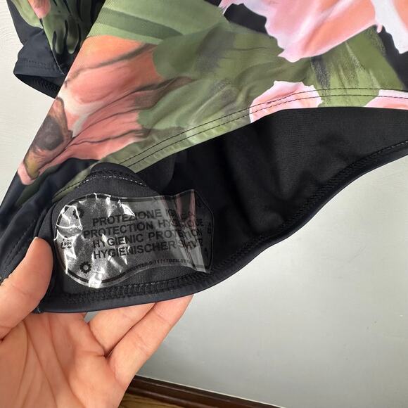 NWOT Black One Piece Floral Strappy Back Mesh Swimsuit - Picture 9 of 12